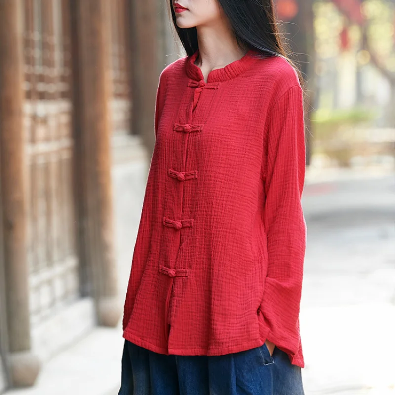 Spring Summer Cotton Linen Retro Zen Stand Collar Buckle Chinese Style Tops Vintage Cardigan Shirt Jacket Hanfu for Women