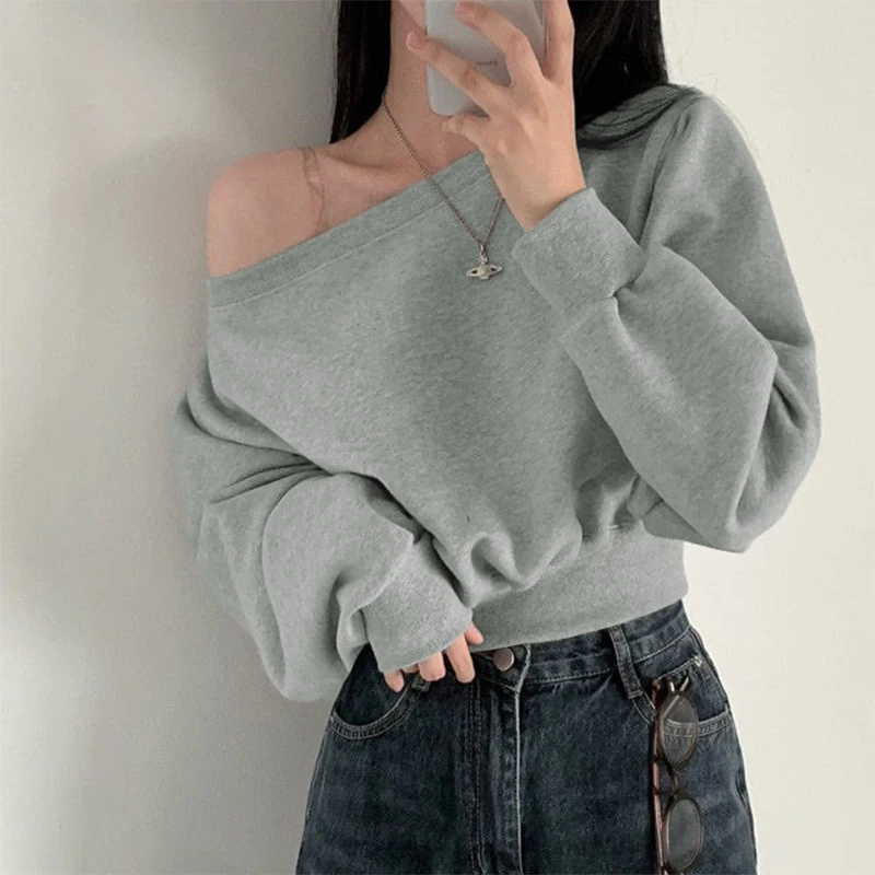 Elegant Solid Korean Streetwear Off-shoulder Long Sleeve Loose Tops Casual Cropped Sweatshirt For Women 2