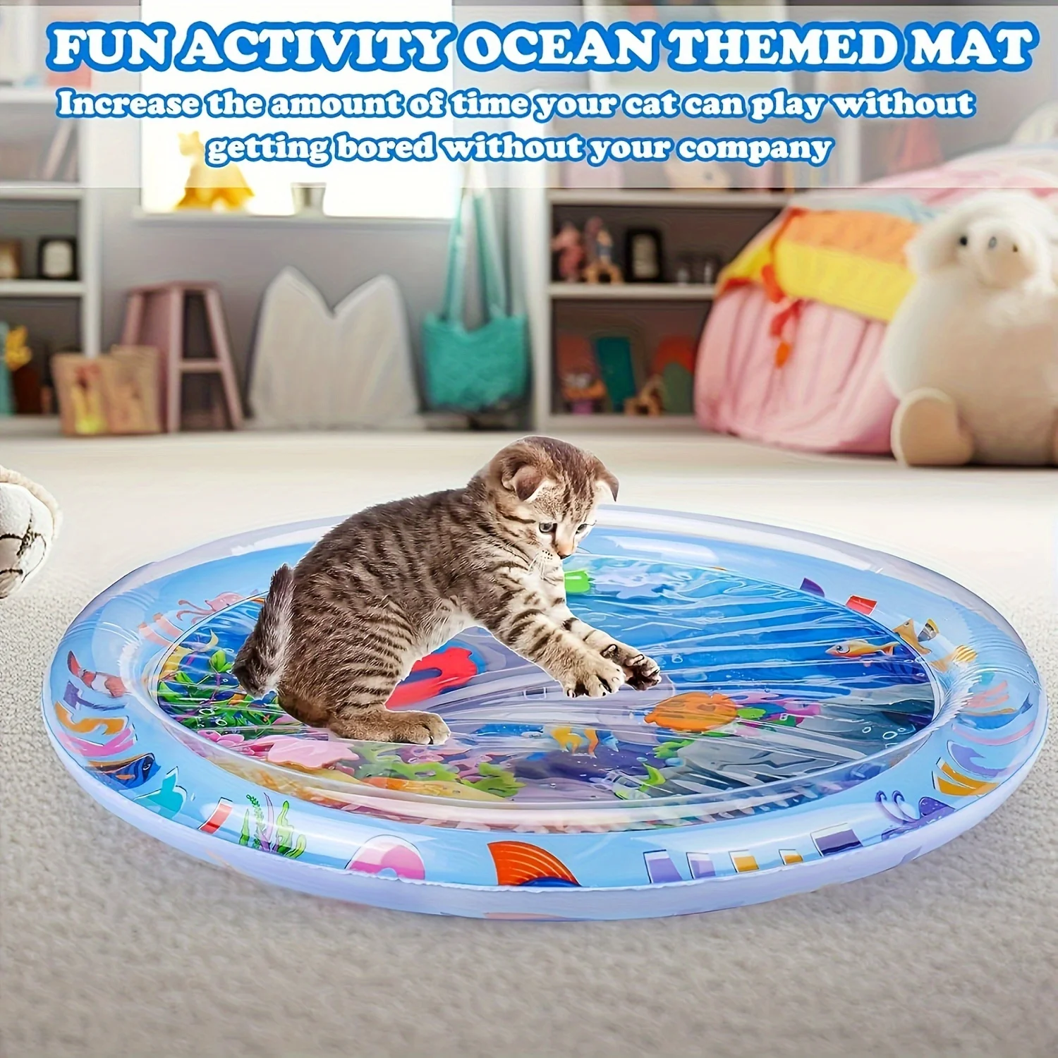 Interactive Cat Water Play Mat Inflatable Splash Pad Ocean Fish Theme Sensory PVC Crawling Toy for Cats Durable Pet Activity Pad