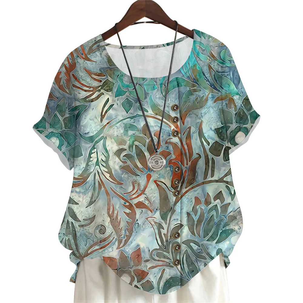 

CLOOCL Summer Women Blouse Artistic Vintage Leaves 3D Printed Tee Tops Fashion Loose Casual Short Sleeve Shirts