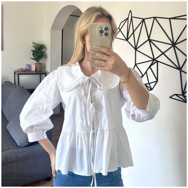 Babydoll Tops y2k Clothing Women Summer Ruffled Collar Lace Up 3/4 Sleeve Loose Blouses Shirts 2000s Clothes Streetwear