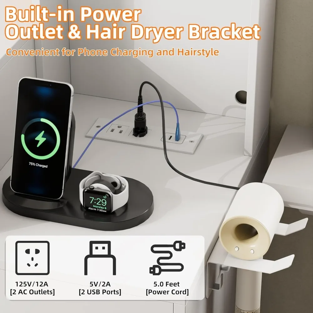 Large Vanity Desk with Mirror & Lights, White Makeup Vanity with Power Outlet and 8 Drawers, 2 Cabinets, Vanity Table with Light 5