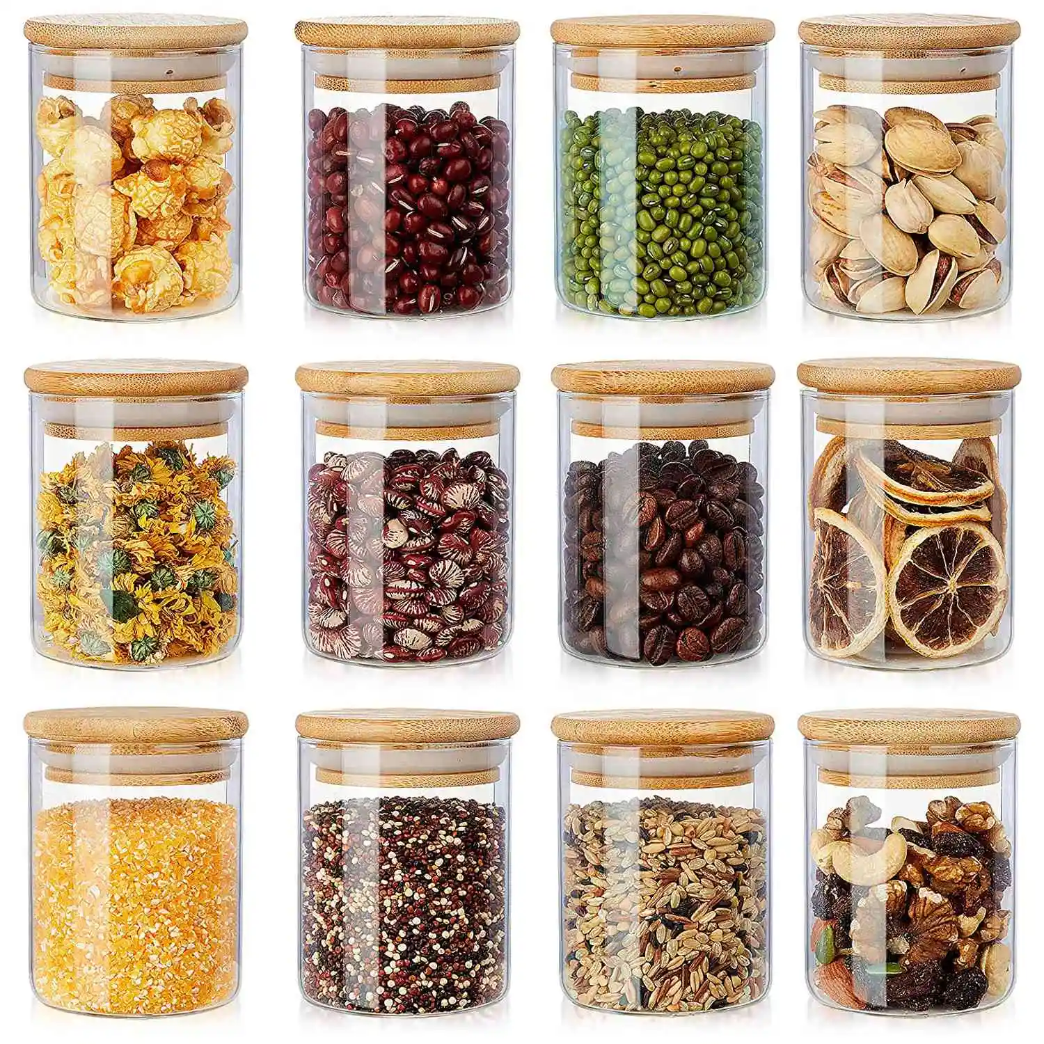 

12 Pack Glass Jars Set Spice Jars with Bamboo Lids Clear Glass Food Storage Containers Kitchen Canisters Set