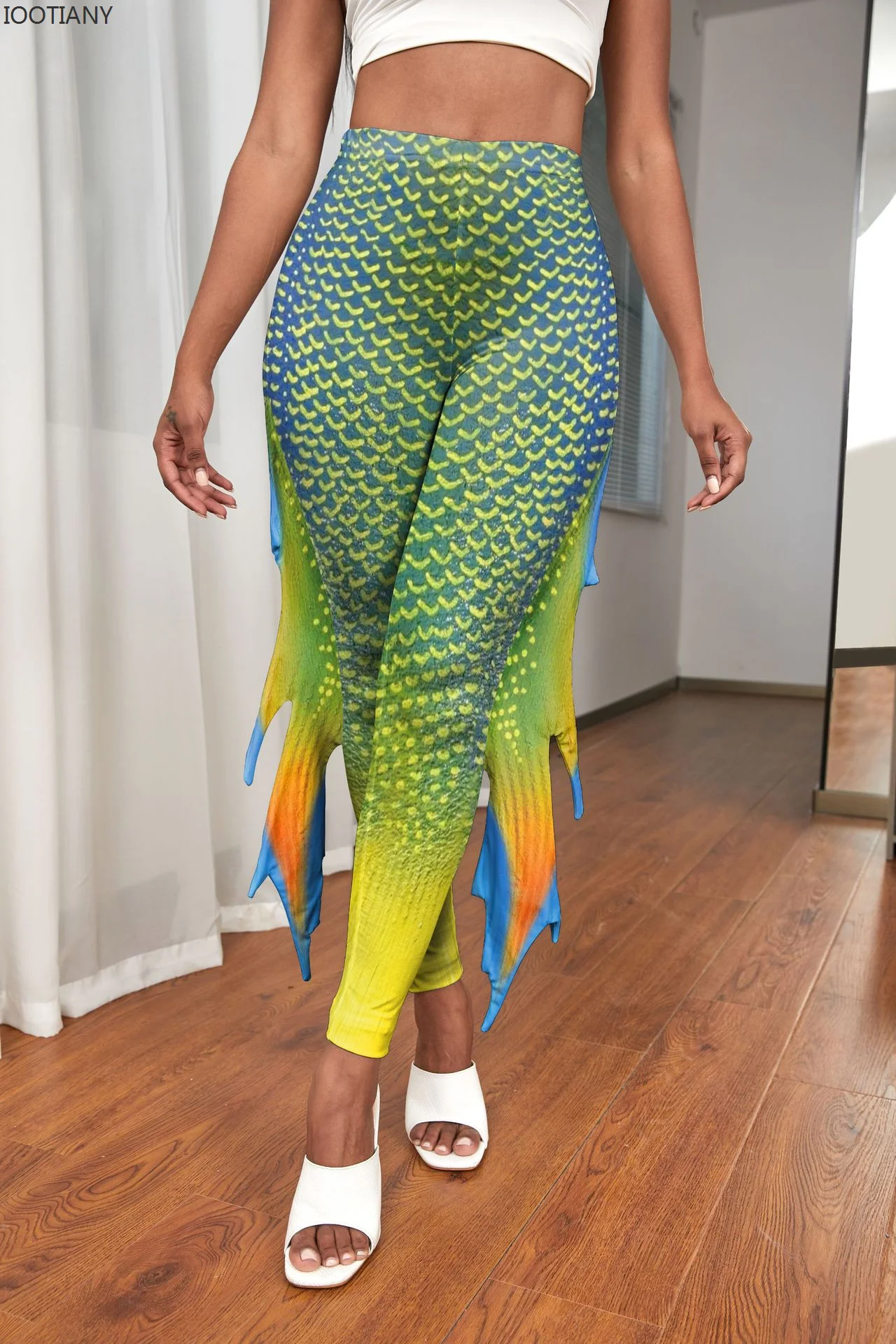 IOOTIANY  Euro American New Hip Lifting Feet Women's Pants Mermaid Tail Scale Fish Fin Printed Sweatpants 2023