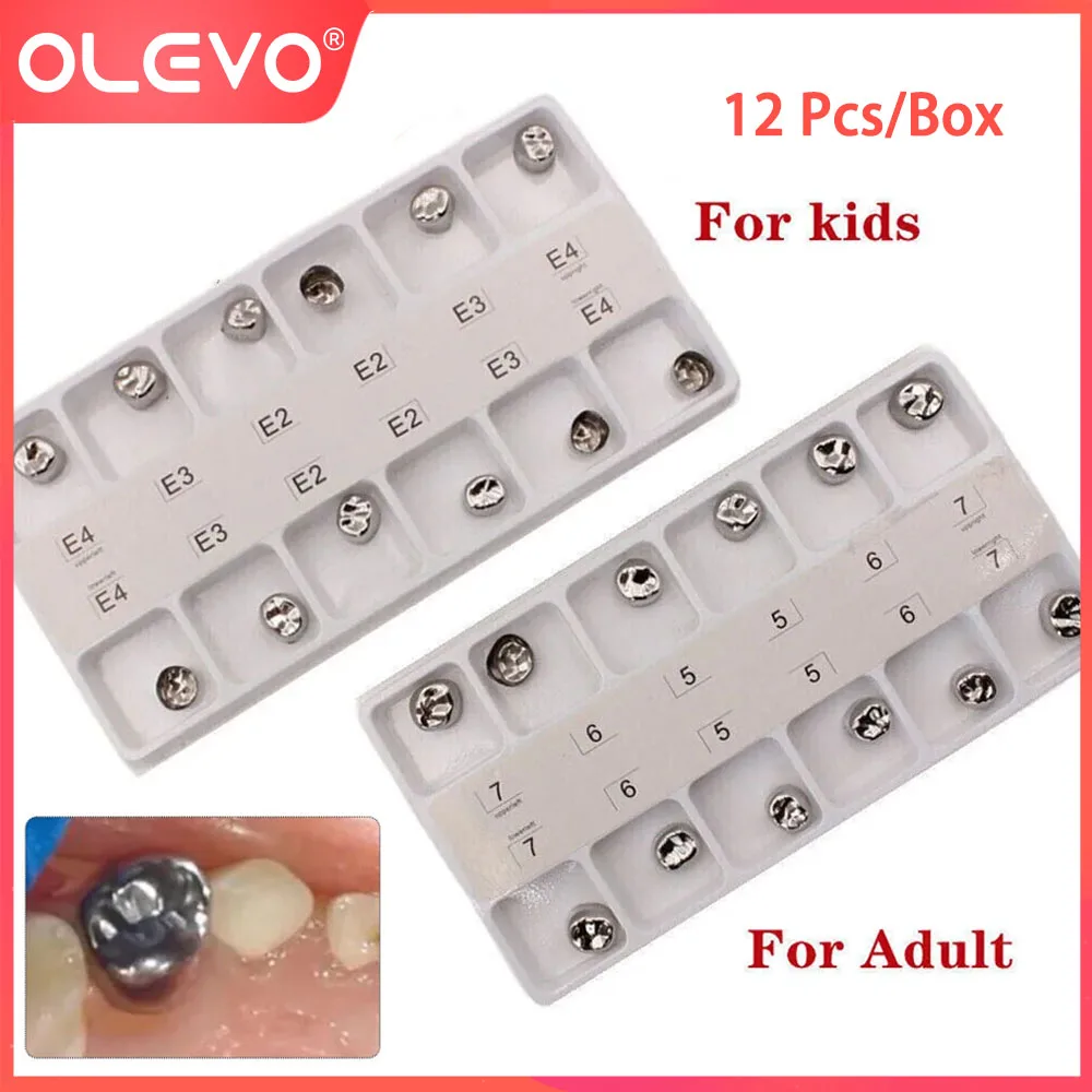 OLEVO 12 Pcs Dental Preformed Metal Crown Stainless Steel Primary Molar Temporary Teeth Crown Adult/Kids Dentistry Materials