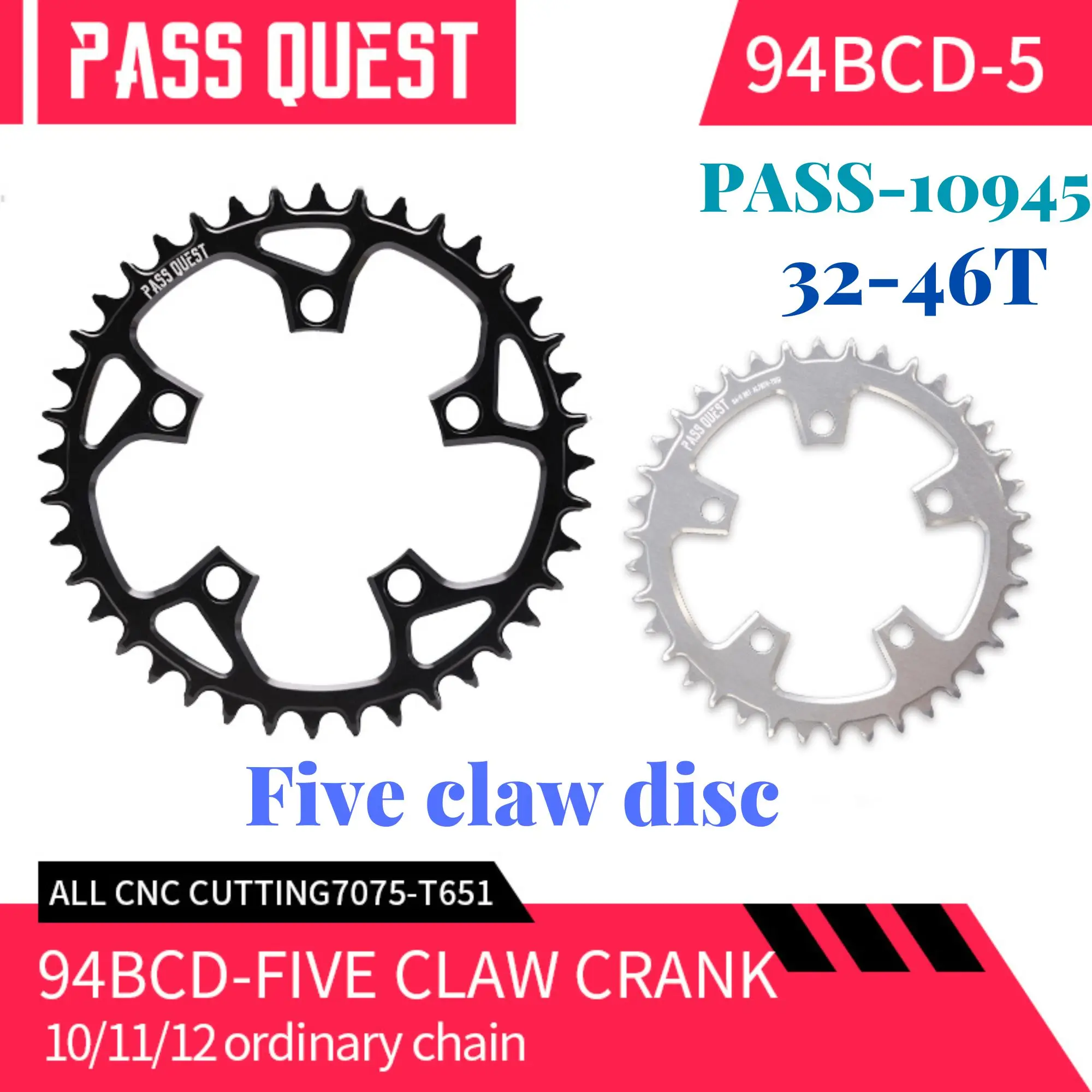 

PASS QUEST 94 bcd chainring 5 bolt ROUND Narrow Wide Chainring 32/34/36/38/40/42/44/46T 10/11/12 speed for5 Claw Crank Bikeparts