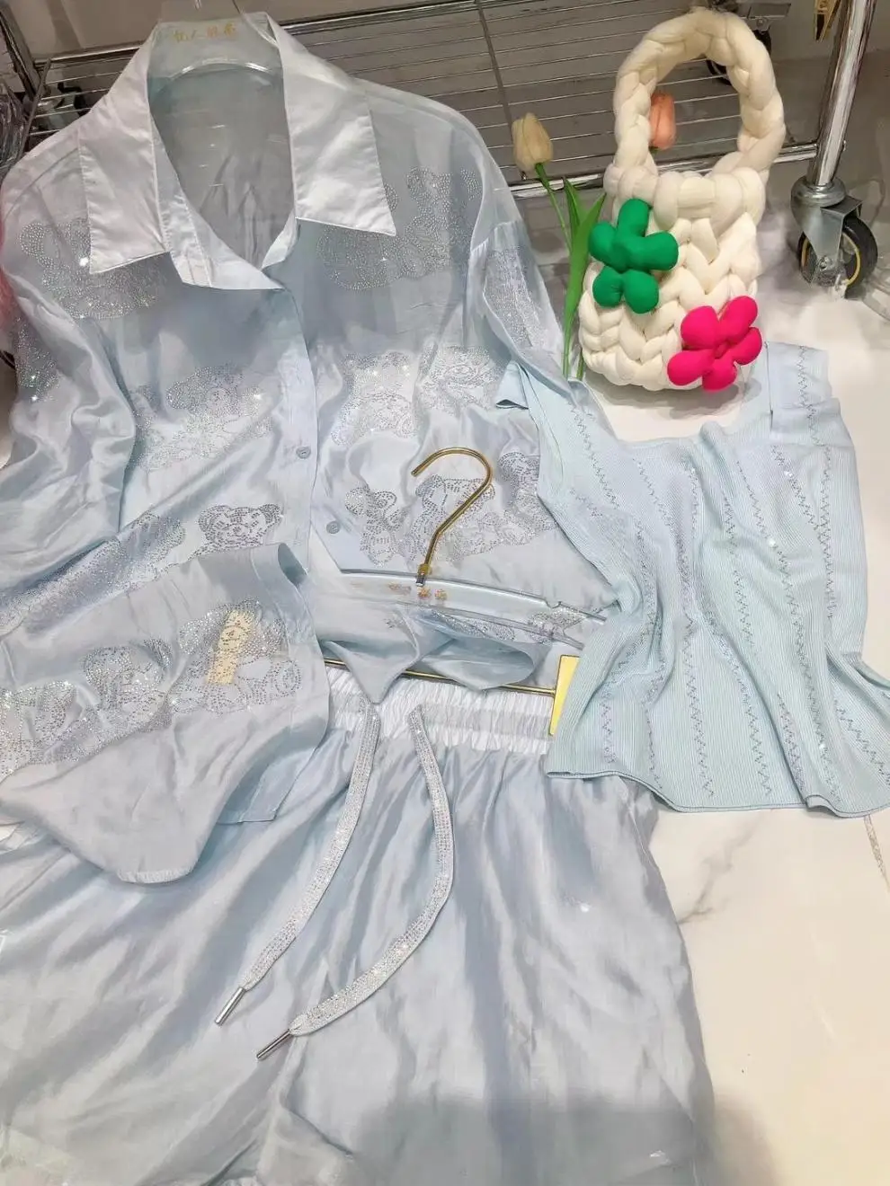 Cartoon Hot Drilling Polo Collar Long-Sleeved Shirt Women Summer Thin Sunscreen Shirt and Loose Casual Shorts Two-Piece Sets