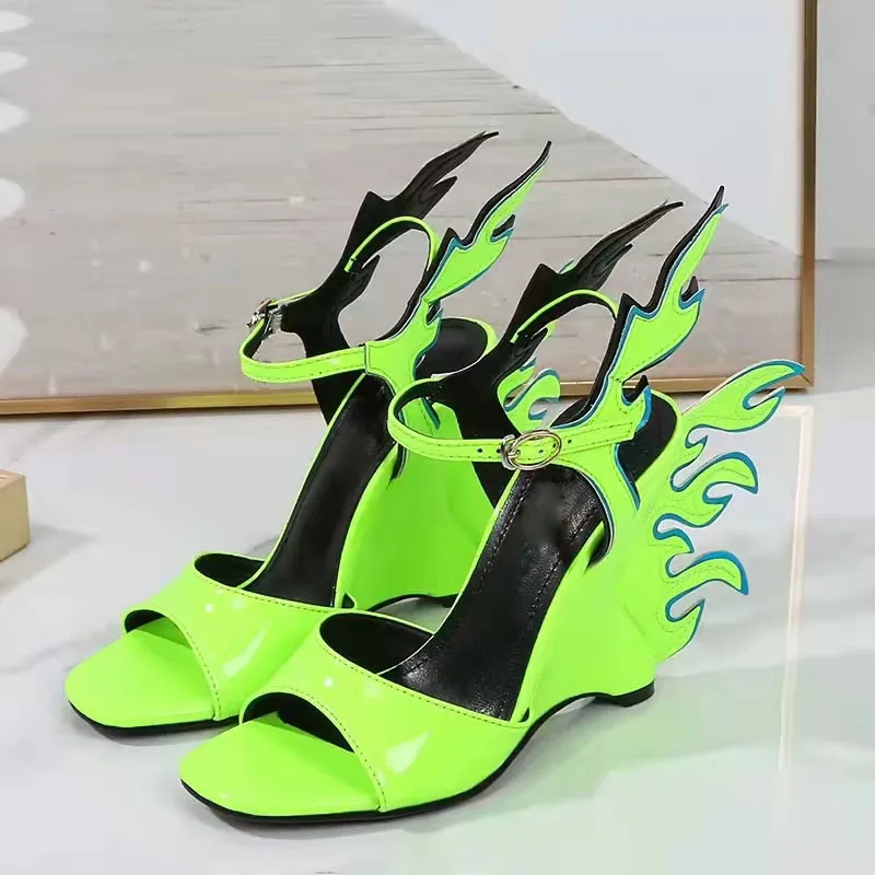 

Bright Green Silver Flame Wings Back Wedge Sandals Woman Ankle Strap High Heel Peep Toe Mixed Colors Banquet Summer Dress Shoes