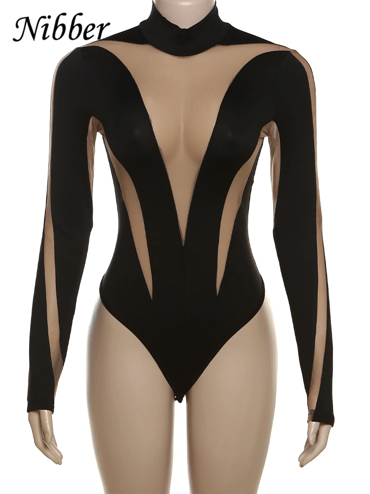 Nibber Sexy Mesh Patchwork Bodysuit Women See Through Long Sleeve Black Elastic Slim Female One Piece Midnight Outfits Clothing