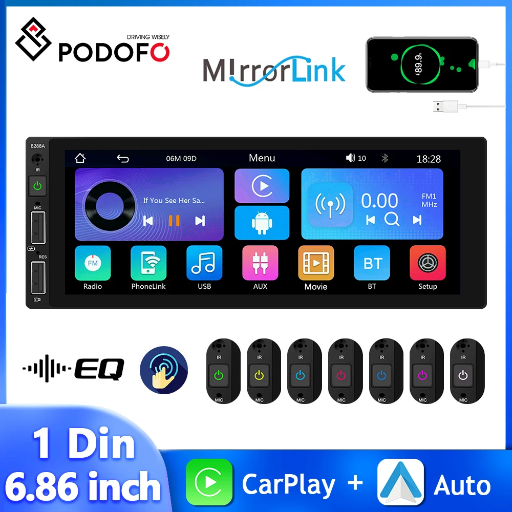 

Podofo 1Din 6.86'' Car Radio Wired Carplay Android Auto Universal MP5 Player HD Touch Screen Mirror Link Bluetooth FM Car Audio