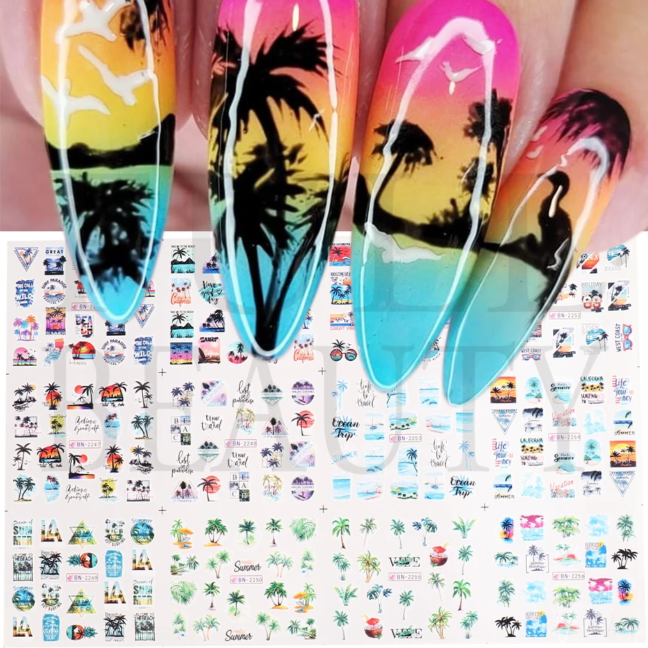 12pcsPalmTreeNailStickersBeachCoconutSunsetSlidersWater