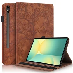 Embossed Tree Leather Wallet Flip Cover for Samsung Galaxy Tab S10 FE (Brown)