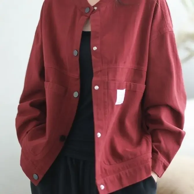 Spring Autumn Casual Loose New Pocket Red Jacket Pure Color Spring Autumn Outerwear 2025 New Style Retro Match All - Image 4