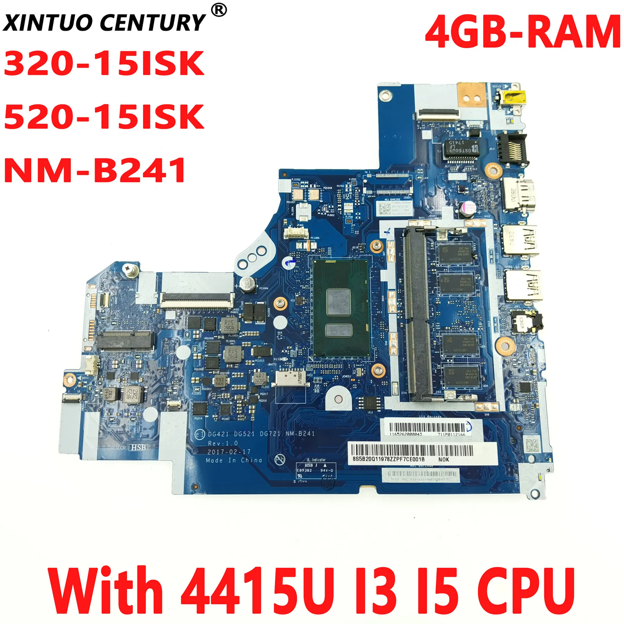 

Материнская плата для ноутбука Lenovo Ideapad 320-15ISK 520-15ISK DG421 DG521 DG721 NM-B241 4415U I3 I5 I7 CPU 4GB-RAM, протестирована