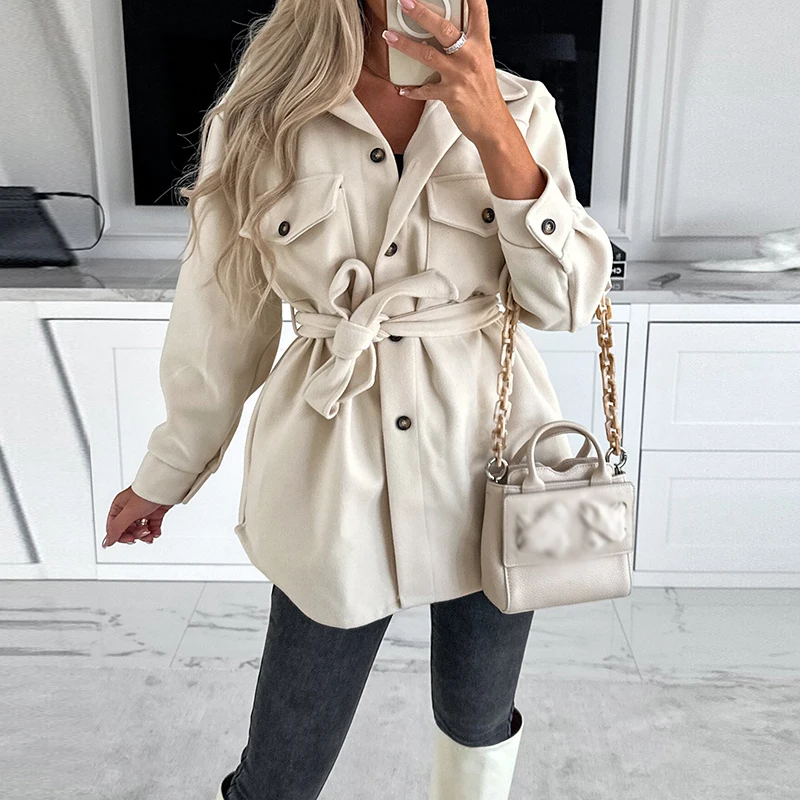 

Women Solid Color Lapel Long Sleeve Coat Elegant Casual Single Breasted Office Shirt Jacket Autumn Lace-up Pocket Woolen Outwear