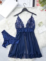 Ensemble de lingerie transparente bleue pour femmes, sous-vêtements, vêtements de nuit, robe de nuit en dentelle et culotte, pyjama, nuisette féminine 3