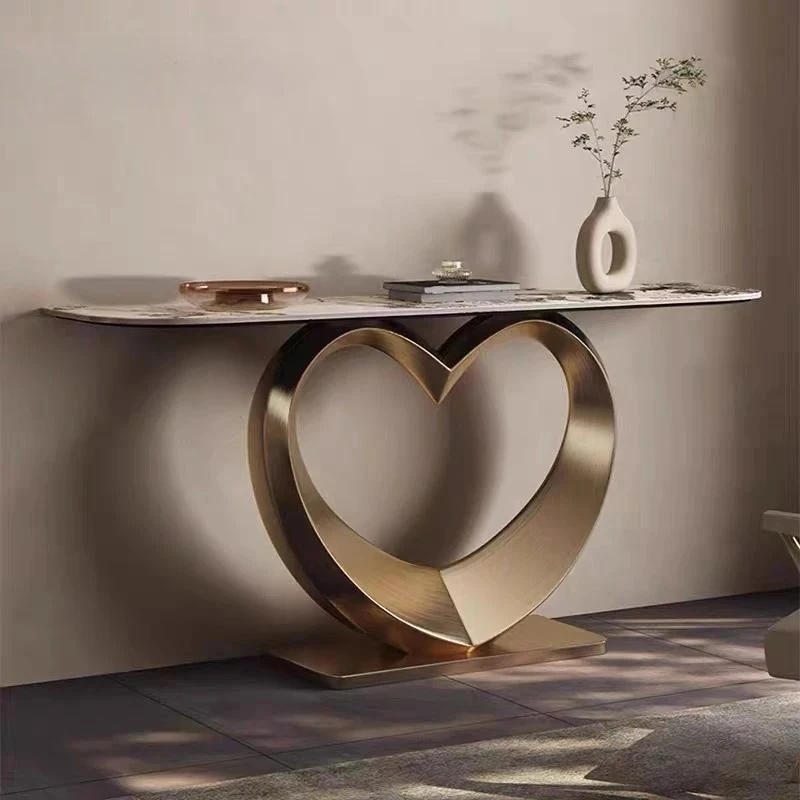 

Light Luxury Table For Living Room Rock Slab Countertop Entrance Hall Furniture Heart-Shaped Stainless Steel Base Console Table