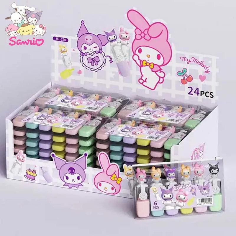 

Sanrio Highlighter 36pcs Sets Hello Kitty Melody Cartoon Mini 6-color Marker Kawaii Students Mark Learning Stationery Wholesale