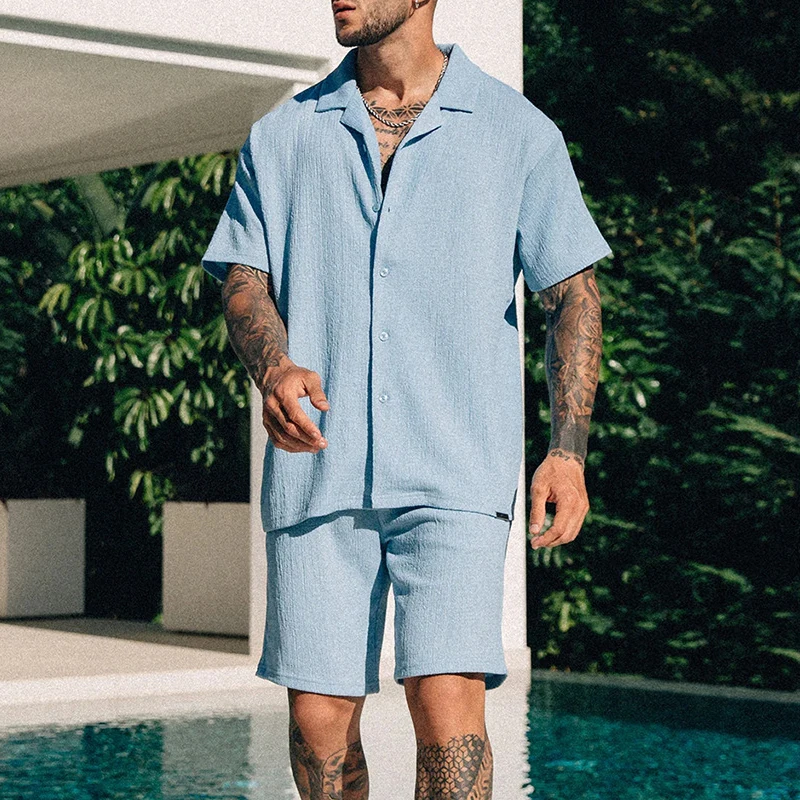 Leisure Men\'s Two Piece Set Short Sleeve Lapel Button Shirts And Shorts Beach Style Suits Men Summer Fashion Clothing Streetwear
