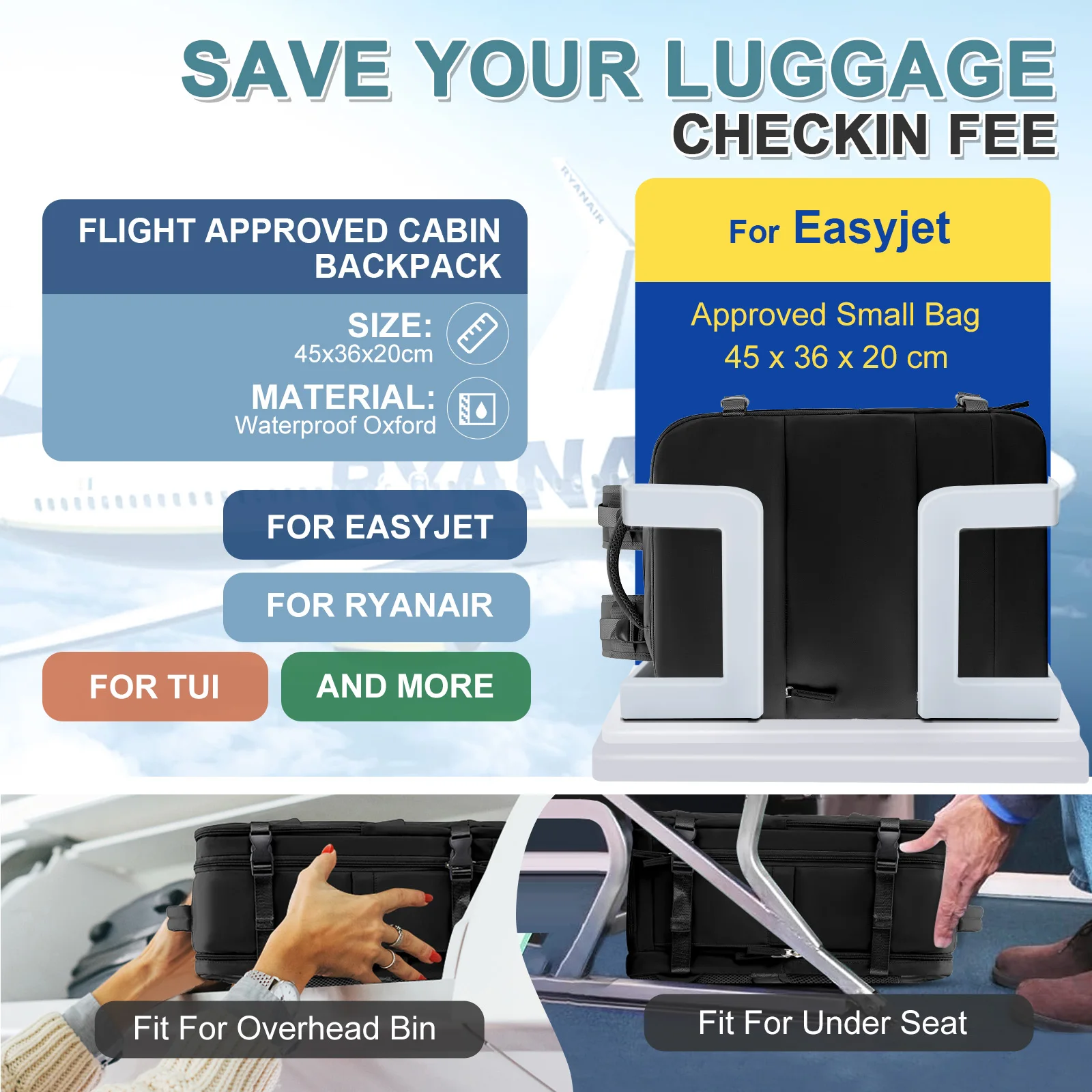 Travel Cabin Airplane Easyjet 45x36x20 Travel Backpack Suitcases Waterproof Backpack Cabin Luggage Laptop Anti-theft Backpack