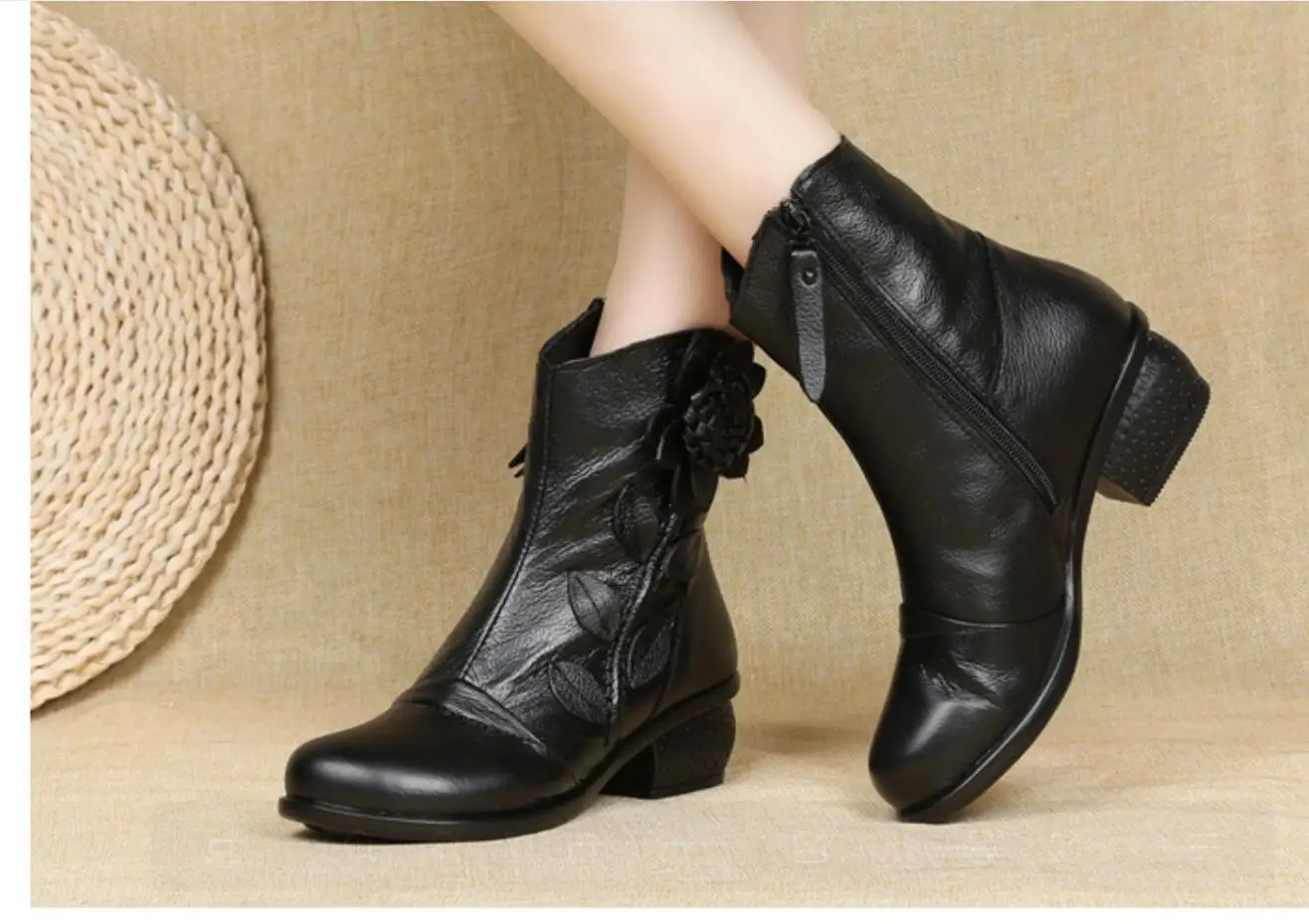 Winter Autumn Genuine Leather Women Boots Vintage Style med heels Boots Plush Soft Cowhide Woman Shoes ladies Ankle Boots Large