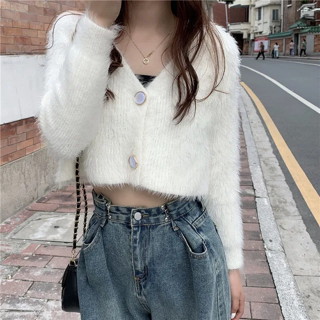 Cropped Cardigan Sweater V Neck Mink Cashmere Sweater Women Oversized Christmas  Sweater Fuzzy Cardigans 2021 Korean Winter Pull - AliExpress Women's  Clothing