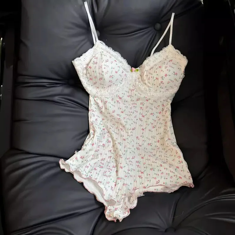 Women Sexy Floral Print Bodysuit Lace Trim Sleeveless Slim