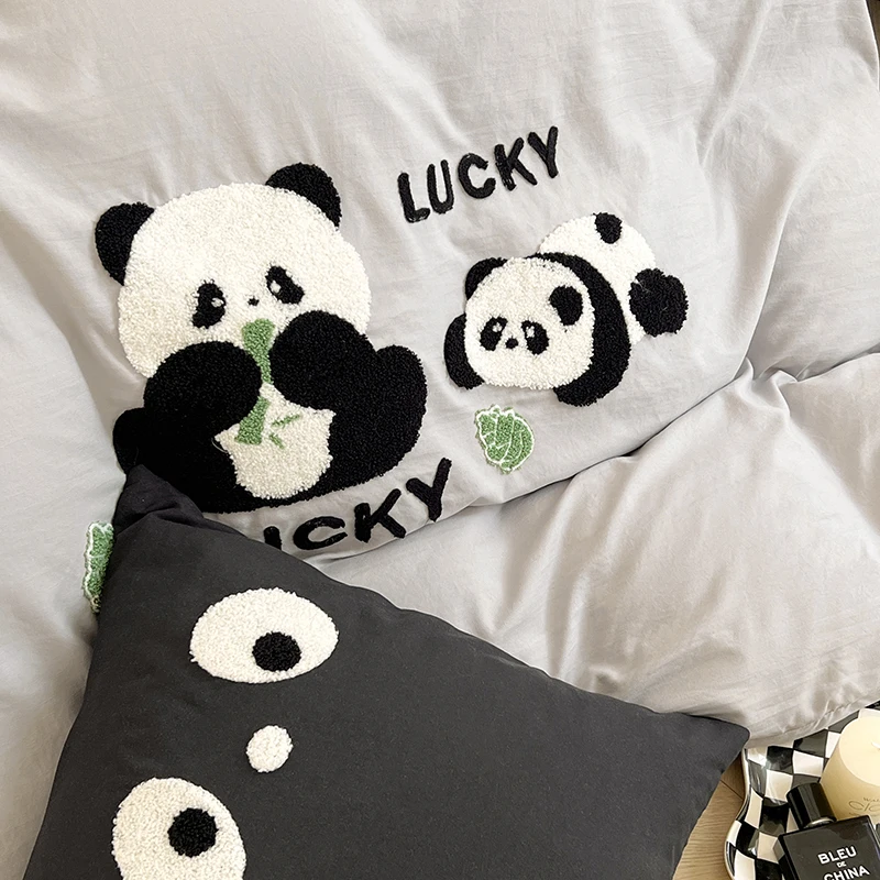 Cute Panda 100% Cotton Bedding Set Kawaii Embroidered Duvet Cover Bed Sheets Set Flat/Fitted Sheet Bed Linen Pillowcase for Kids 4