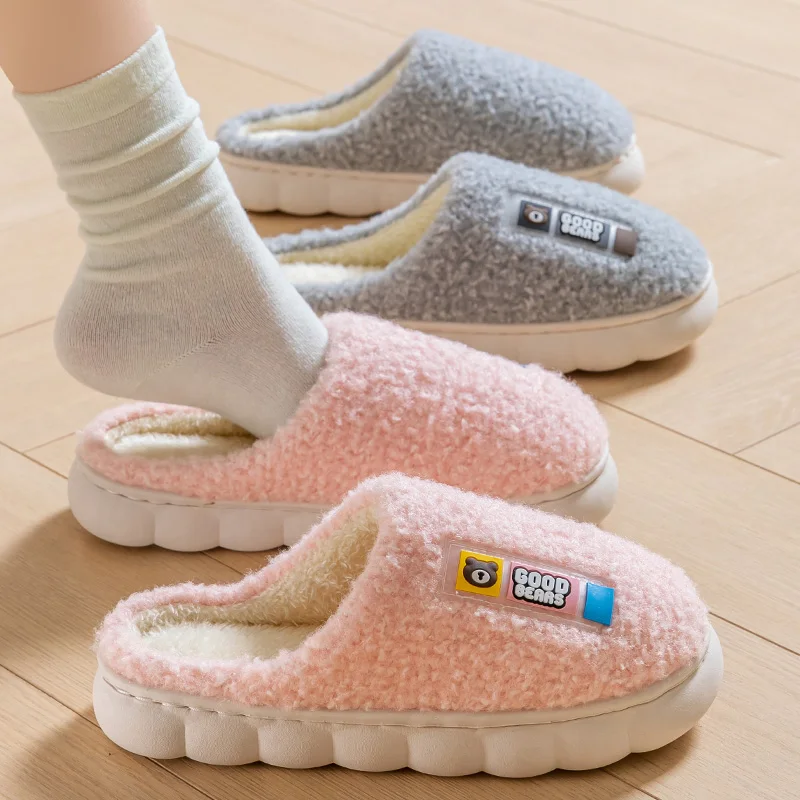 Cotton slippers for women, autumn, winter, postpartum, indoor home, anti slip, thick bottom, plush, warm, couple, men 2