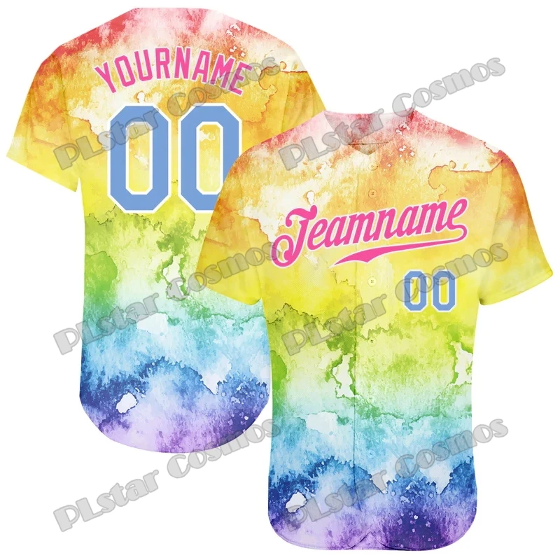 

Tie Dye Light Blue-Pink Rainbow Pattern Custom Name 3D Printed Fashion Men's Baseball Jersey Casual Hip Hop Baseball Shirt BQW08