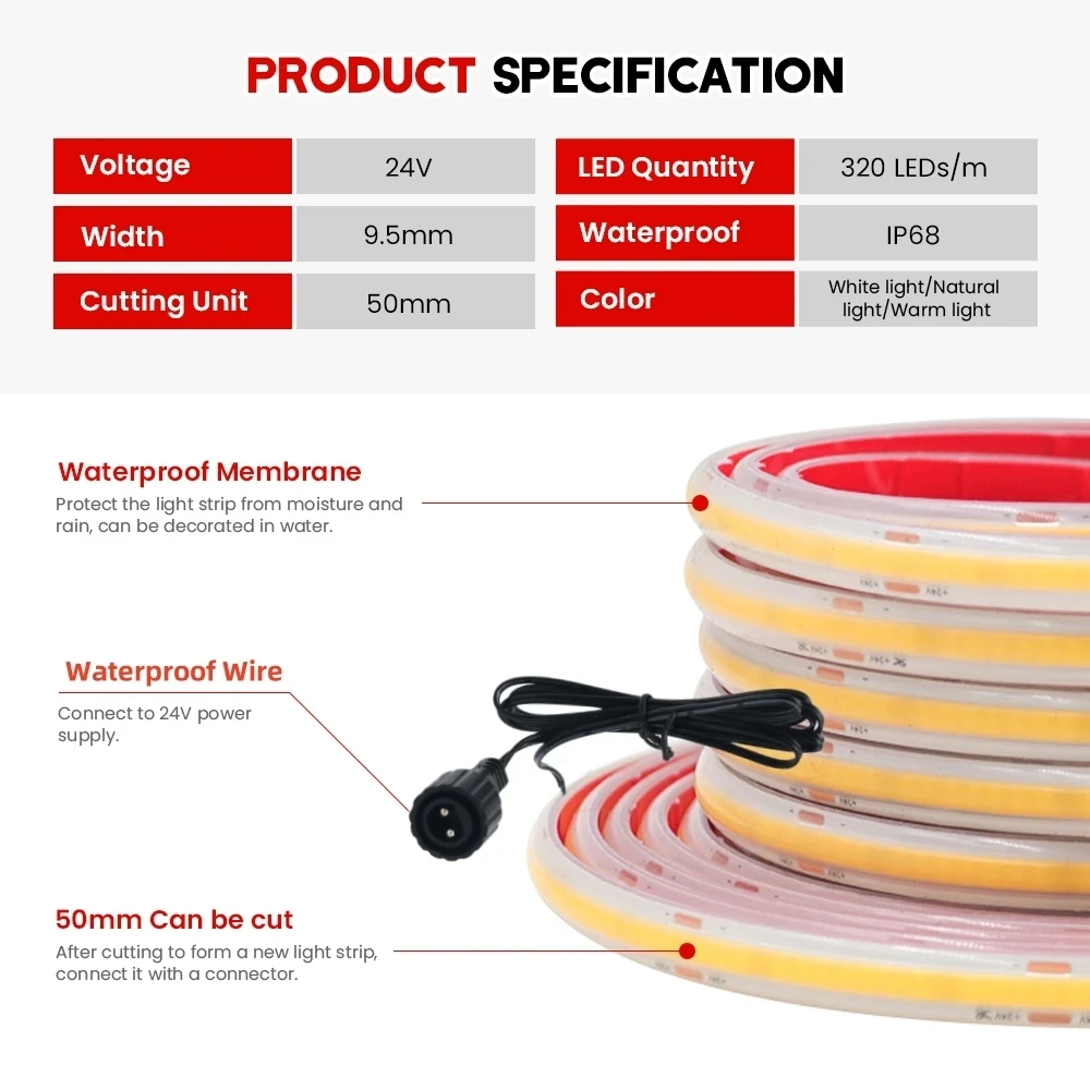 24V 태양광 COB LED 스트립 조명 IP68 방수 320Led/M 유연한 접착 테이프 원격 조광 가능 1.3W/2.8W/6W/13W 태양광 패널 포함