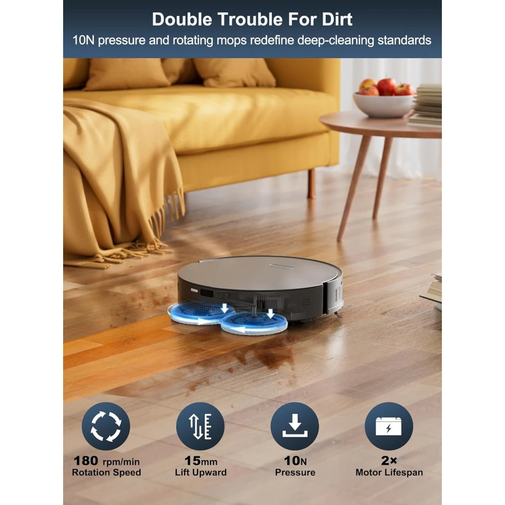 Commercial Wash Robots, Robot Vacuum Mop Combo, 6000 Pa Suction, Hidden LiDAR Navigation & Auto Lift Dual Mops, Wash Robots