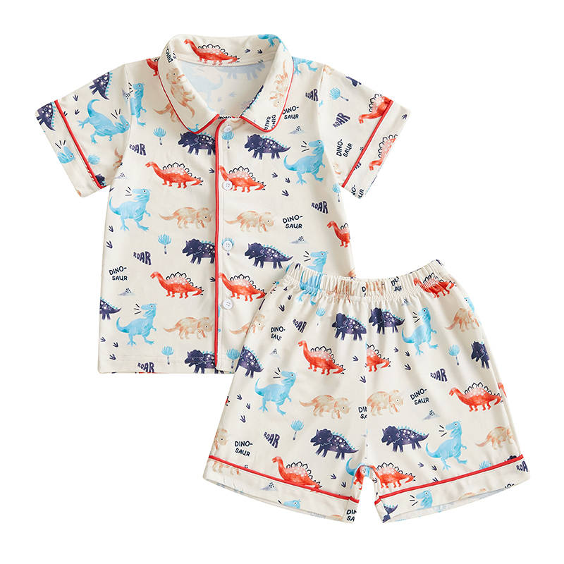 Kids Girls Boys Pajamas Set Dinosaur/Rugby/Strawberry Print Short Sleeve Shirts Tops Shorts 2 Pieces Lounge Suit Sleepwear