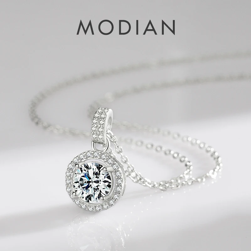 Modian 925 Sterling Silver Charm Round 1CT 5A Zirconia Pendant Necklace Classic Platinum Plated Jewelry For Women Wedding Gifts