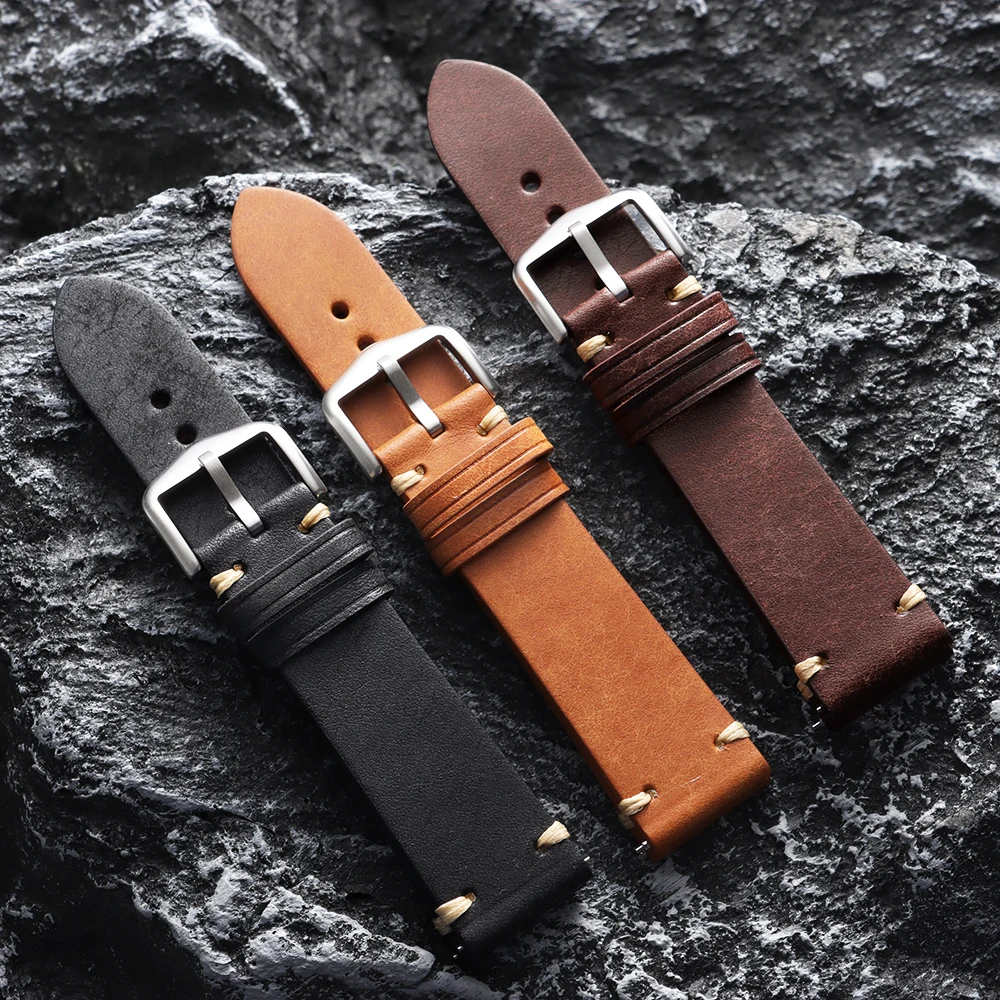 Vintage Brown & Black Handmade Cowhide Leather Watch Strap with Quick Release