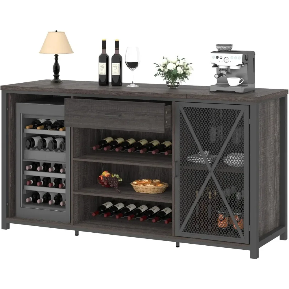 Long Bar Cabinet with Fridge Space, Farmhouse Big Liquor Cabinet with Drawer Storage, Rustic Wood Metal Large Wine