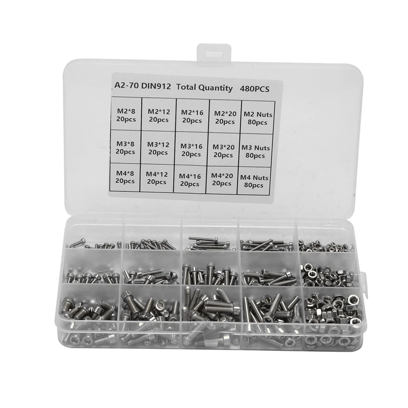 

480Pcs M2 M3 M4 Stainless Steel SS304 Hex Socket Cap Head Bolts Screws Nuts Assortment Kit With Storage Box