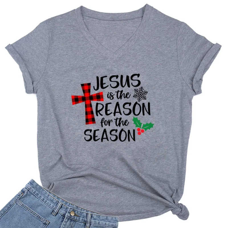 

Jesus Is The Reason for The Season Graphic Tshirts Women Hip Hop V Neck T Shirt Christmas Short Sleeve Shirt Harajuku T-shirt