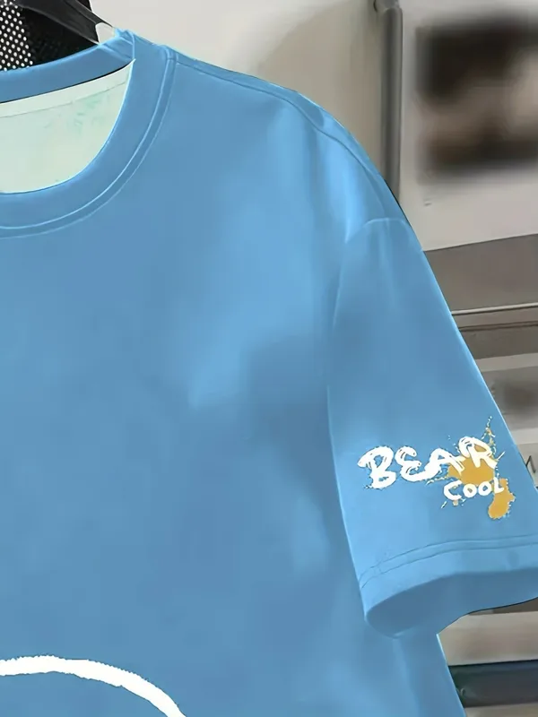 men' round neck breathable T-shirt with cartoon bear print pattern suitable...