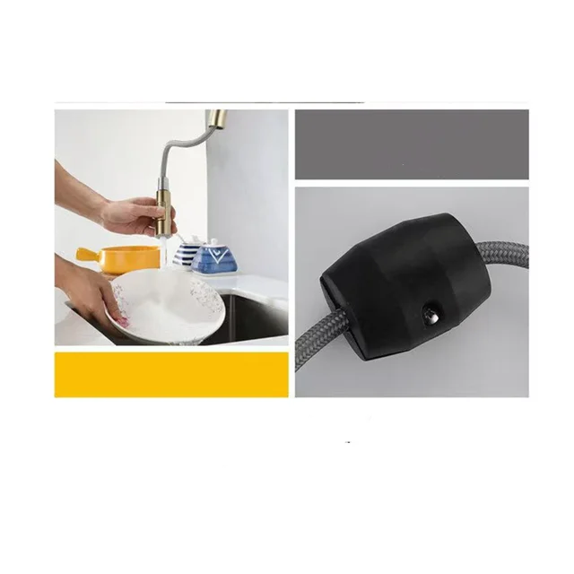 ก๊อกน้ำห้องครัวสีดำแบบยืดหยุ่น หัวฉีดแบบดึงออกได้ 2 โหมด น้ำร้อนน้ำเย็น ก๊อกผสมติดตั้งบนเคาน์เตอร์ หัวฉีดแบบสเปรย์และแบบสายฉีด วัสดุ SUS 304 5