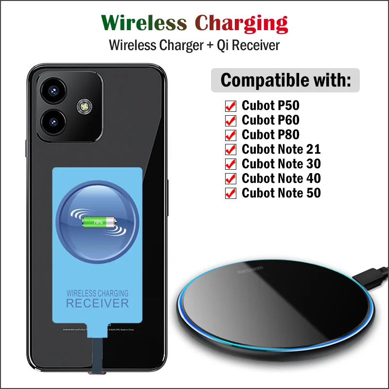 

Беспроводное зарядное устройство Qi + зарядный приемник для Cubot P80 P60 P50 Note 50 40 30 21, беспроводной зарядный коврик, адаптер USB Type-C