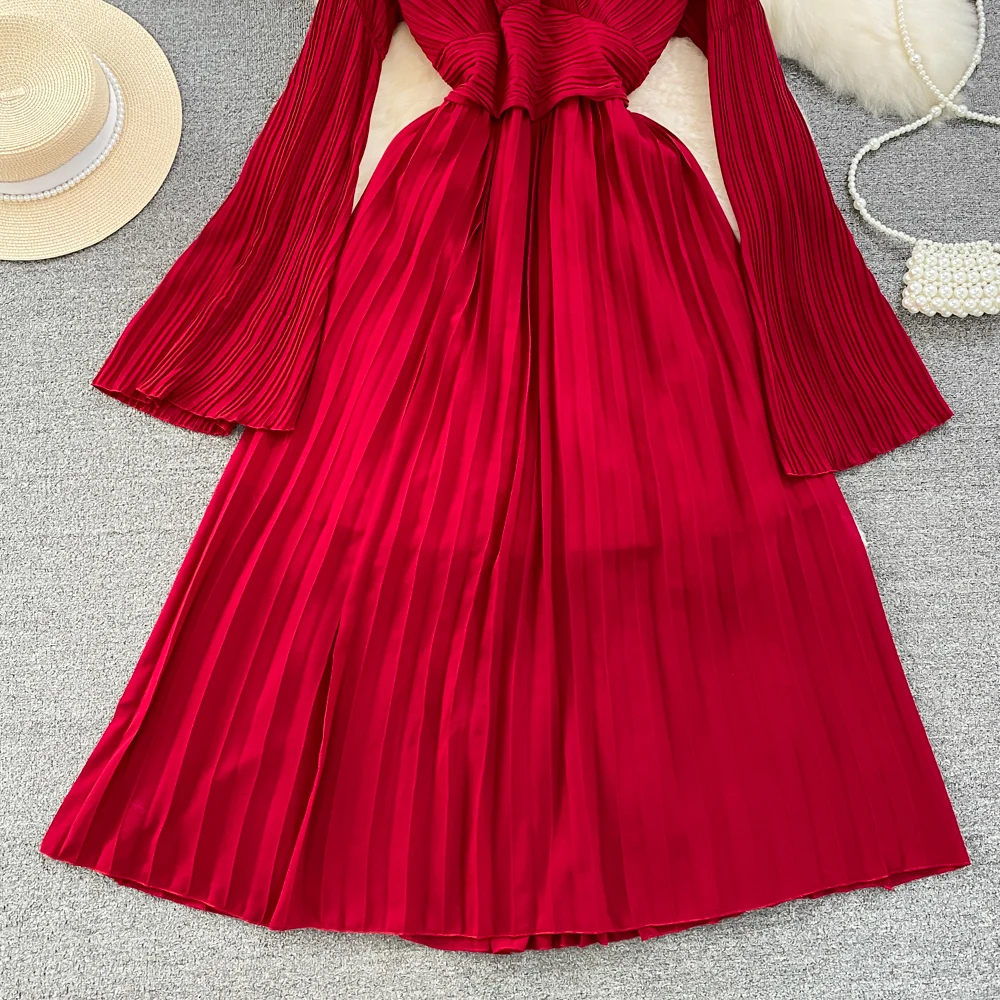 Autumn Flare Sleeve V-neck Midi Dresses for Women Solid Pleated A-line Elegant Party Dress Korean Fashion One Piece Vestidos New