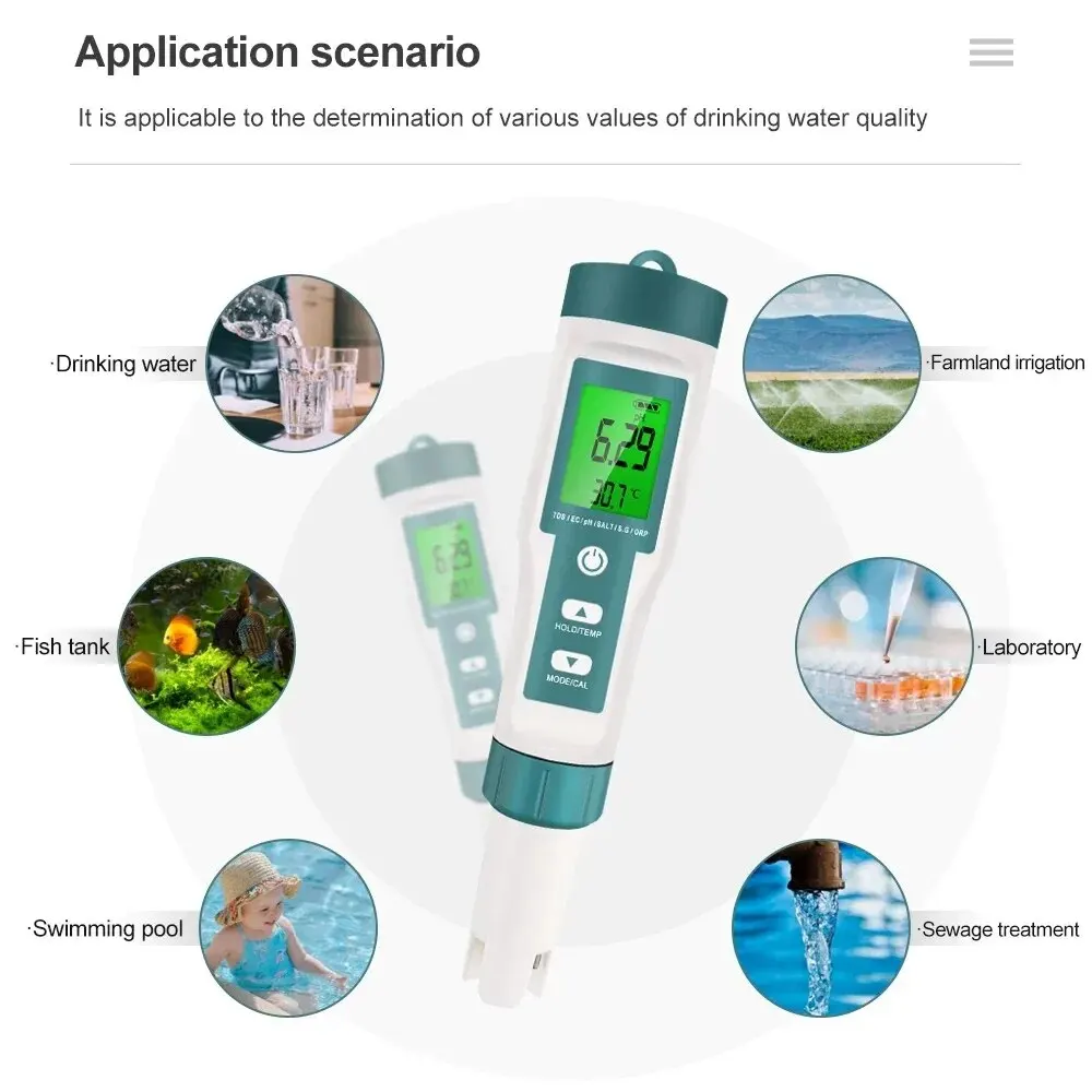 COM-600 7 in 1 PH TDS EC ORP Salinity S. G Temp Meter Water Quality Detector Tester IP67 for Drinking Water Aquariums PH Meter Water Tester