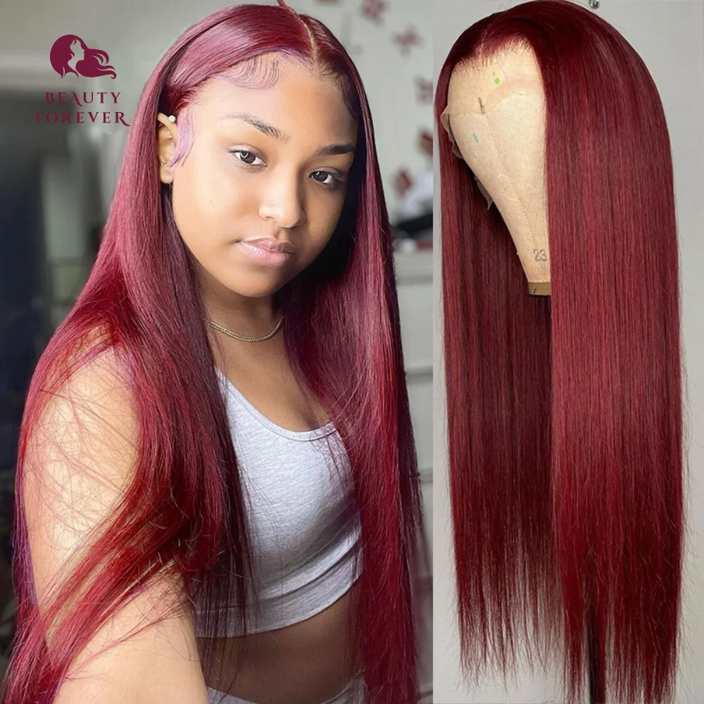 

Beauty Forever Bone Straight Burgundy HD Lace Frontal Wig 99J Wed Wine Red Burgundy Colored Body Wave Lace Front Human Hair Wigs