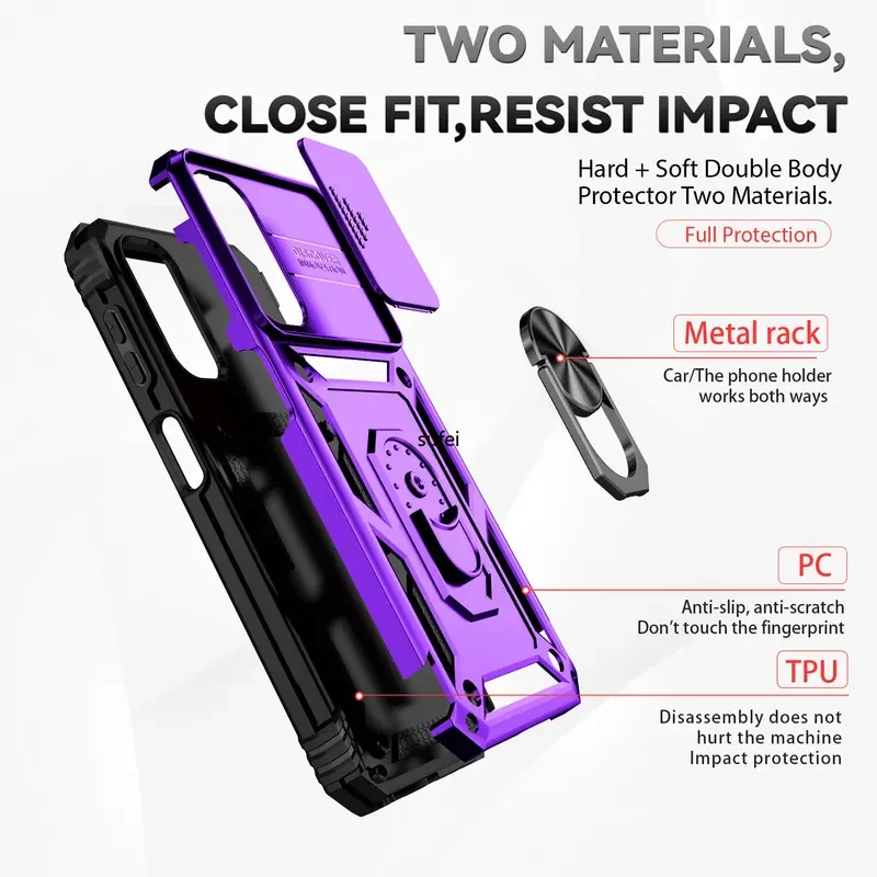 Shockproof Hybrid Dual Layer Magnetic Ring Stand Case with Slide Camera Protection Cover