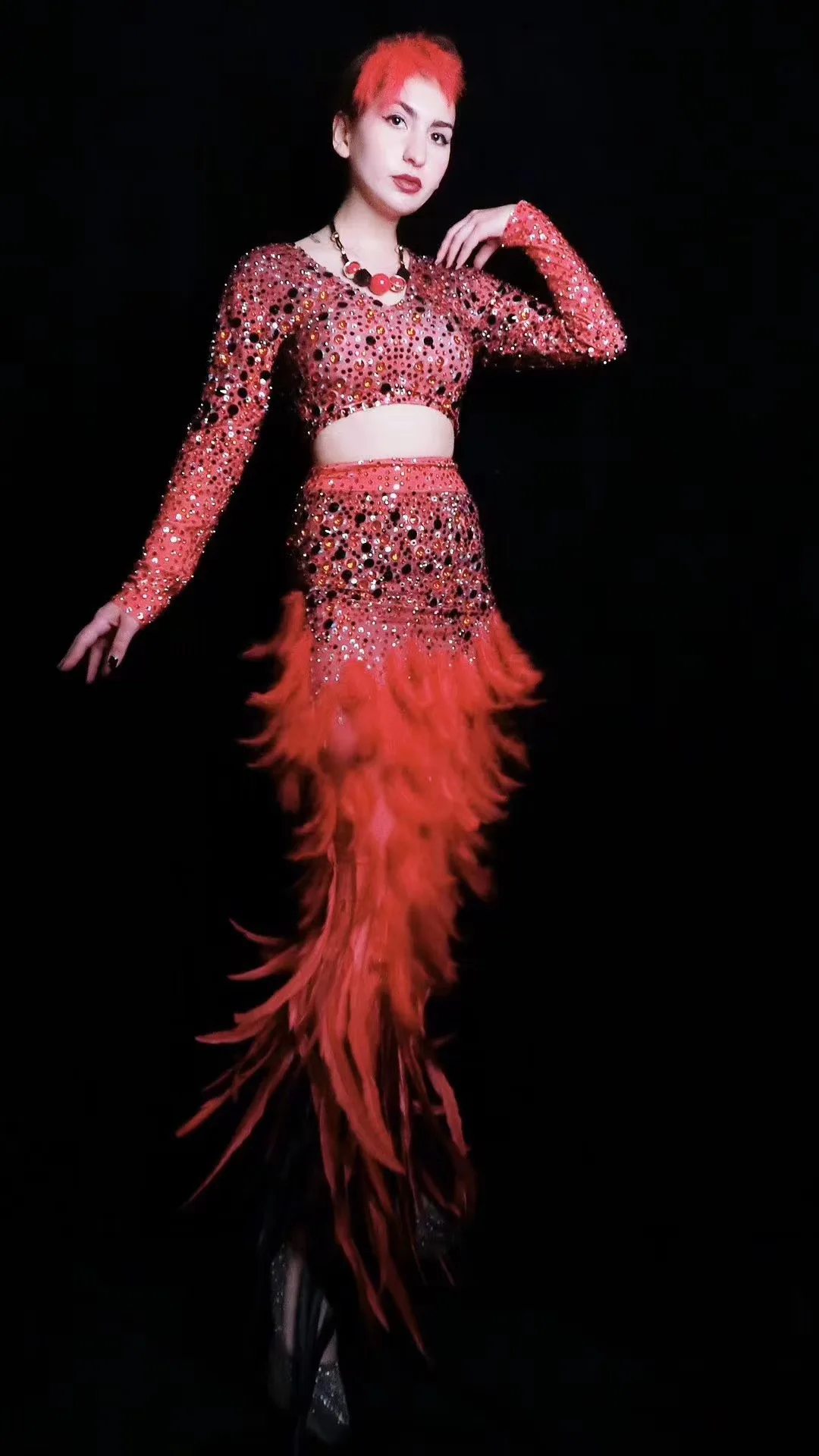 

Singer Host Model Red Feather Rhinestone Elastic Wrap Hip Long Dress Evening Dress Stage Adult Performance Dress Female