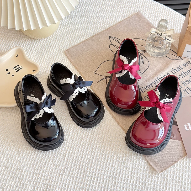 Girl's Leather Shoes Ruffles Ribbon Chunky Elegant Hook-loop Kids Mary Janes Spring Morden Black Wine Red Daily Children Shoe