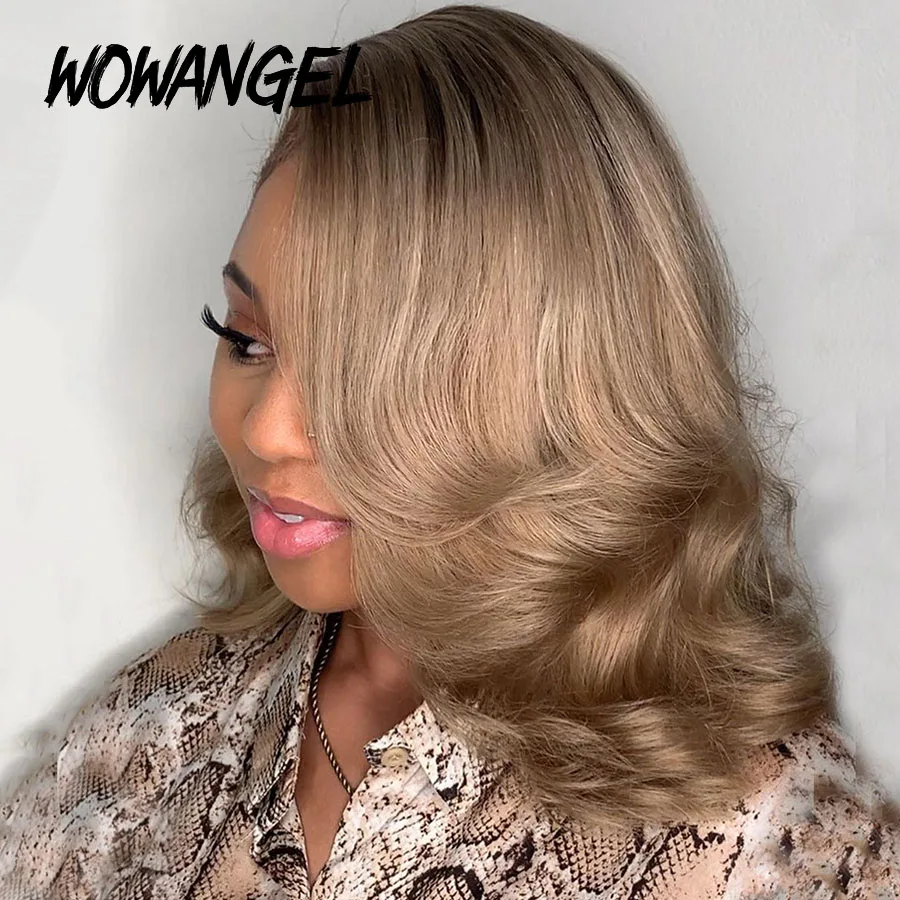13X4 HD Lace Front Wigs Short Bob Wigs Ash Blonde Lace Front Wigs Dark Roots Colored Wig Wavy Body Wave Human Hair Wig For Woman - 4