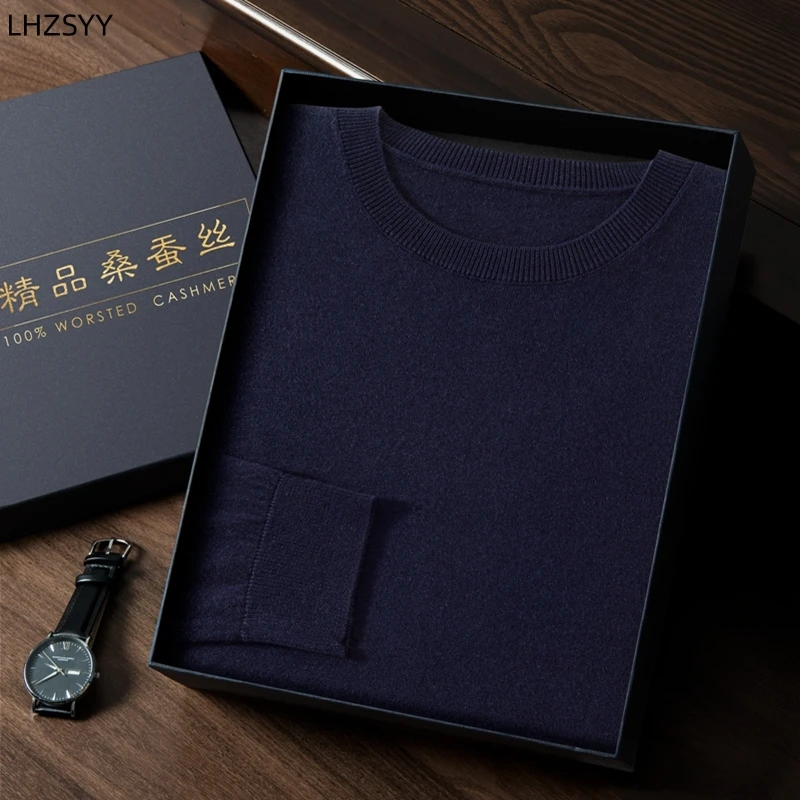 LHZSYY High-end Thin 85%Mulberry silk 15%Cashmere Sweater New Long-Sleeve Pullover Men' Business Leisure Worsted Knit Base Shirt 4