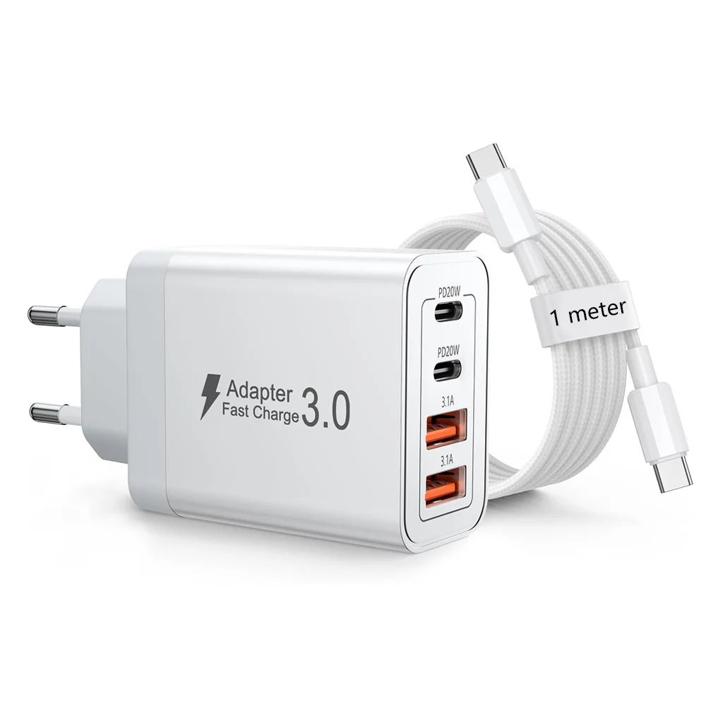 International Multi-Port USB-C/USB-A Wall Charger with Type C Cable, 40W Dual PD Fast Charging Adapter